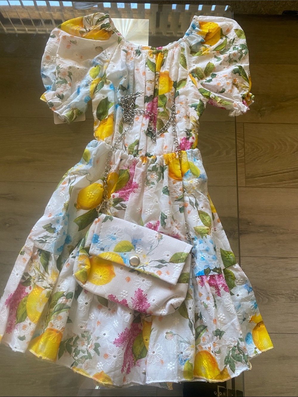 White Floral Lemon Puff-Sleeve Dress with Matching Clutch and jacket